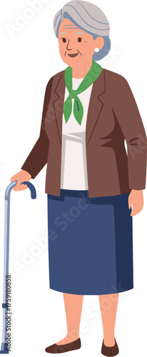 Elegant Senior Woman Walking with Cane in Classic Style Illustration, Representing Graceful Aging & Independence. Healthcare, Retirement & Lifestyle Concept for Presentations, Marketing & Website Use.