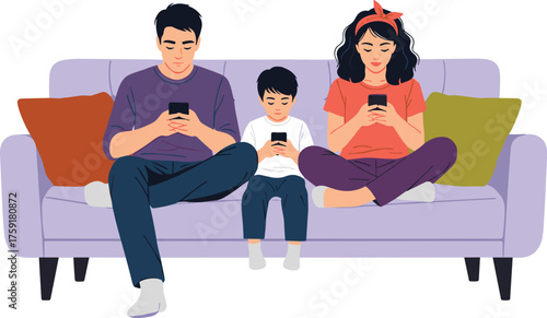 Modern Family on Couch Using Smartphones, Ignoring Each Other at Home, Technology Addiction, Communication Breakdown, Disconnected Household, Lifestyle Issues, Social Isolation, Contemporary Problems,