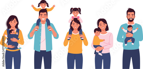 Happy Families Spending Quality Time Together in Modern Flat Vector Illustration Style, Parents Bonding with Children in Diverse Family Structures, Promoting Love Support Lifestyle, Parenting Educatio