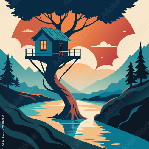 a treehouse perched on intertwined roots above a f (2).eps