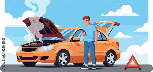 Frustrated Man Stranded with Broken Down Car on Roadside, Calling for Assistance, Yellow Sedan Smoking with Open Hood, Hazard Lights On, Seeking Help, Automotive Trouble, Travel Emergency, Auto Repair