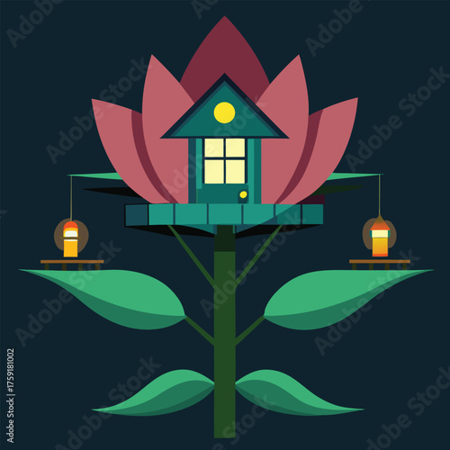 a treehouse shaped like a giant lotus flower  glow (1).eps