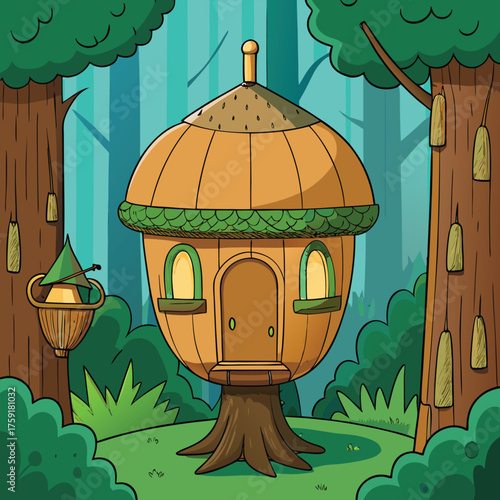 a treehouse shaped like a giant acorn  hidden in a.eps