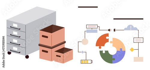 Filing cabinet and storage boxes linked to a circular workflow process diagram with battery, cloud, and data pathways. Ideal for organization, systems, storage, automation, digital tools, workflow