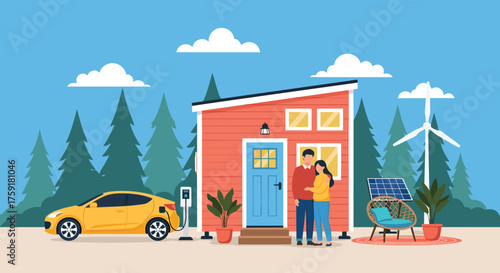 Couple Embracing Near Sustainable Tiny House with Electric Car Charging in Eco-Friendly Neighborhood, Promoting Green Living and Renewable Energy Solutions for Modern Lifestyle, Ideal for Presentation
