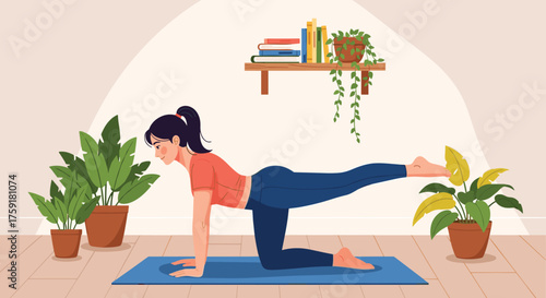 Serene Woman Practicing Yoga at Home on a Blue Mat Surrounded by Potted Plants, Balancing in Table Top Pose for Fitness, Wellness, Wellbeing, Peaceful Lifestyle, Sport, Exercise, Health, Meditation, B