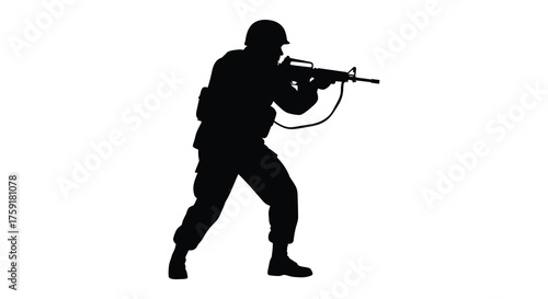 A soldier in full uniform holding a rifle in a combat stance rendered as a stark black silhouette