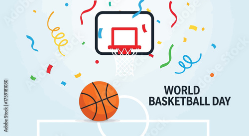 Minimal 2D flat vector of a basketball, hoop, and court lines with festive confetti around, representing World Basketball Day, clean and bold design, simple background