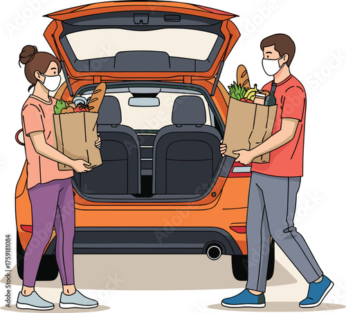Couple Unloading Groceries from Car Trunk Wearing Masks during Pandemic, illustrating safe shopping practices, social distancing, transportation, travel lifestyle, vector illustration for presentation