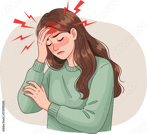 Woman Experiencing Severe Headache, Migraine Pain Holding Head in Agony Indoors, Illustrating Sickness, Stress, Depression, Anxiety, Medical Ailment, Healthcare Concept for Presentation, Education, We