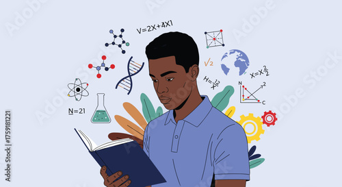 Focused Student Studying Science and Mathematics, Reading a Book Amidst Equations, Chemical Structures and Scientific Symbols in an Educational Environment, Illustrating Knowledge, Research, Learning,