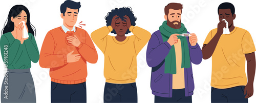 Sick People Experiencing Flu Symptoms Illustrating Common Illnesses, Contagious Diseases, Viral Infections in Modern Healthcare Environment, Showing Cold, Fever, Cough, Headache Aches for Medical Pres