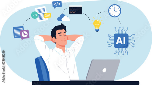 Relaxed Software Engineer Embracing Artificial Intelligence in a Modern Workspace, Automating Tasks and Innovating with Code, Idea Generation, and Cloud Technology for a Productive and Efficient Futur