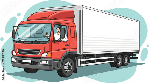 Red Truck Delivery Vehicle Moving Goods with Driver Giving Thumbs Up on City Streets – Commercial Transport for Logistics, Shipping, and Freight Services in Modern Urban Environment for Website Design