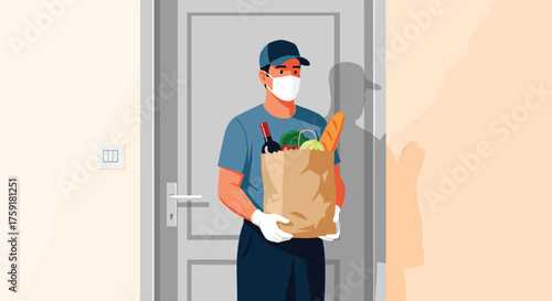 Delivery Driver Bringing Groceries to Door During Pandemic, Wearing Mask and Gloves, Delivering Essential Supplies at Home, Providing a Contactless Service, Quarantine Lifestyle, Safety Measure, Vecto
