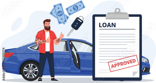 Excited Man Approving Car Loan with Thumbs Up Next to New Blue Auto, Celebrating Financial Approval, Loan Application Success, and Vehicle Ownership in a Finance Vector Graphic for Automotive Marketin