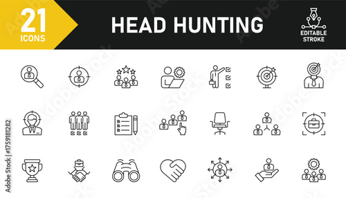 Headhunting line icon set. Set of 21 outline icons related to recruitment, hiring, human resources, HR, job, headhunting and others. Editable stroke. Vector illustration.
