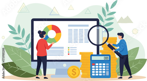 Business Analysts Reviewing Financial Data on Computer with Magnifying Glass and Calculator in Modern Office Setting, Illustrating Investment Analysis, Data Visualization, Strategic Planning and Budge