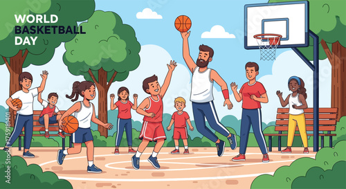 Colorful flat vector scene of children and adults playing street basketball in a community park, promoting health and unity, World Basketball Day theme, cheerful and lively visual
