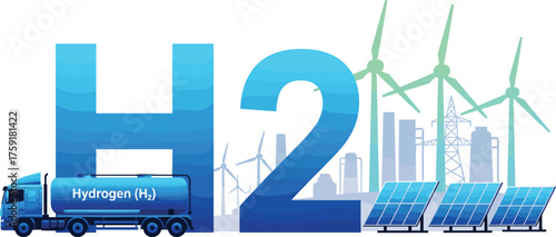 Hydrogen Fuel Energy Concept: Sustainable Power Generation with Hydrogen Truck Delivering Clean Resources Amidst Wind Turbines & Solar Panels in an Eco-Friendly Cityscape, Illustrating Green Technolog