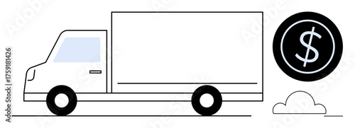 White truck driving beside a prominent dollar sign, symbolizing transportation cost, financial planning, or business profitability. Ideal for logistics, finance, supply chain, shipping, economic