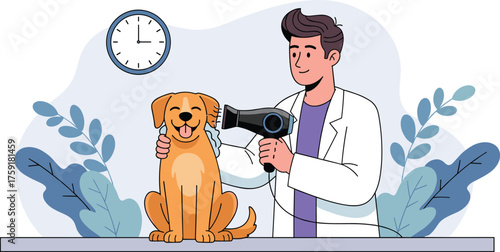 Smiling Dog Getting Groomed by Pet Groomer in Salon Spa Environment, Vector Illustration for Animal Care Services, Veterinarian Clinic Presentation, Grooming Appointment, Business Marketing, Lifestyle