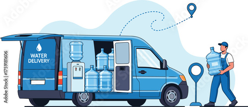 Blue Water Delivery Van Supplying Hydration to Customers, Delivering Bottled Water with Driver, Serving Healthcare, Businesses, Residences - Refreshment Service Logistics Transport, Modern Vector Illu