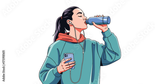 Athletic Woman Hydrating After Workout with Smartphone & Earbuds: Active Lifestyle in Studio, Healthy Habits, Fitness & Wellness, Staying Connected, Modern Technology, Illustration for Advertising & P