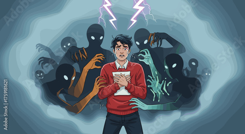 Anxious Student Surrounded by Fears and Pressure Under Stressful Lightning Storm, Holding Exam Results, Illustrating Anxiety and Mental Health Issues in Education, Depicting Worries and Depression, Ca