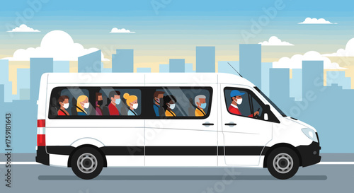 White Van Transporting Passengers in Urban Cityscape with Protective Face Masks During Pandemic, Showing Public Transit Safety Measures, Vector Illustration for Healthcare Awareness, Business Commute,