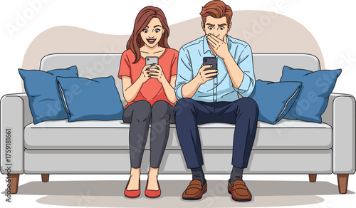Young Couple Relaxing on Sofa Using Smartphones, Experiencing Surprise and Excitement in Modern Living Room, Depicting Digital Lifestyle, Online Communication, Social Media Engagement, Technology Use,
