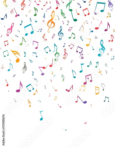 A vibrant composition of colorful musical notes and treble clefs cascading downwards against a stark white background. The floating notes have a watercolor effect
