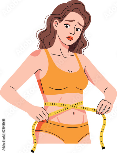 Worried Young Woman Measuring Waist with Tape Measure in Orange Outfit on White Background - Concerned About Weight Gain, Unhappy with Body Image in Health & Wellness, Beauty Standards, Dieting, Fitne