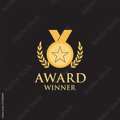 Gold award of winner medal abstract vector and logo design or template champions business icon of company identity symbol concept