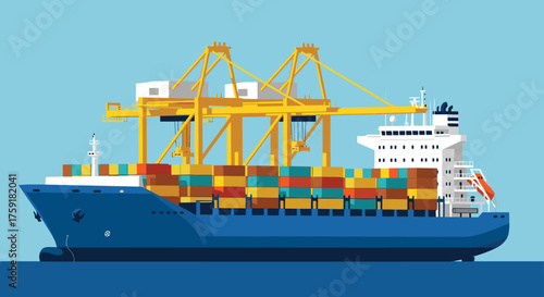 Cargo Ship Transporting Containers Across Ocean Waters on a Bright Day - Global Trade, Freight Shipping, Logistics, Import Export Business - Modern Vector Illustration Style Graphic for Presentations
