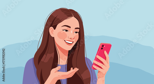Smiling Brunette Woman Video Calling on Smartphone Against Light Blue Backdrop Demonstrating Mobile Technology Use, Connecting with Friends, Modern Communication, Vector Illustration for Business,  Ed