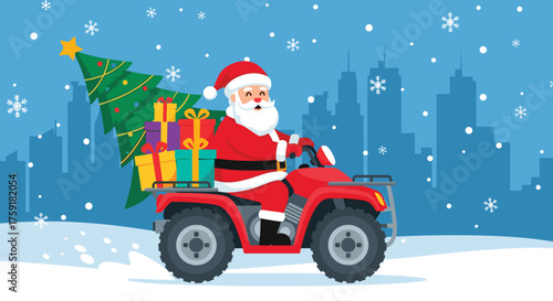 Cheerful Santa Claus Delivering Christmas Gifts and Tree on ATV in Snowy City Landscape - Festive Holiday Illustration for Greeting Cards, Advertising, Website Banners, Marketing Materials, Seasonal D