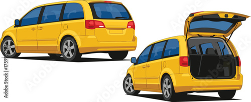 Vibrant Yellow Minivan Illustration Set Displaying Vehicle Design and Spacious Interior, Modern Automotive Transport for Family Travel and Commercial Delivery Services, Isolated on White Backdrop, Vec