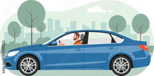 Blue Sedan Car Driven Through Cityscape Backdrop with Trees, Driver Wearing Seatbelt Commuting, Automobile Illustration for Transportation Services, Modern Vehicle Design, Automotive Industry, Present