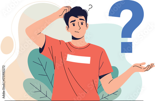 Confused Young Man Scratching Head with Question Mark in Abstract Setting – Puzzled Guy in Orange Shirt Wondering, Shrugging in Disbelief, Conceptual Illustration for Problems, Dilemmas, Solutions, Th