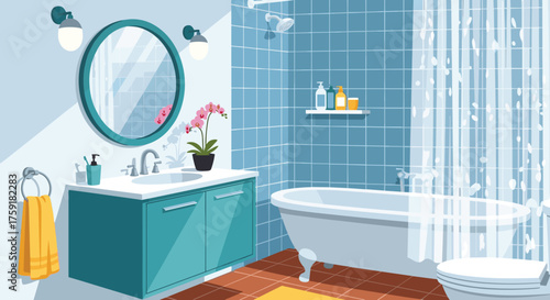 Cozy Bathroom Interior Design Featuring Teal Vanity, Round Mirror, Bathtub and Shower in a Modern Home Setting Showcasing Relaxation and Cleanliness for Real Estate and Interior Design Presentations a