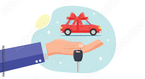 Car Gift Delivery: Hand Holding Car Keys, Red Automobile Present with Bow, New Vehicle Ownership Concept in Clean Modern Style for Dealerships, Transportation, Sales Promotions & Marketing Materials,