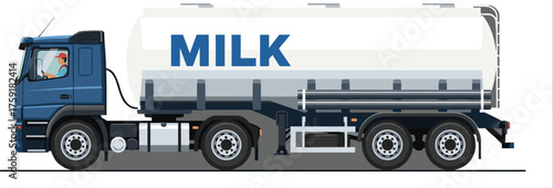 Blue Milk Truck Transporting Dairy Products Illustration: Modern Delivery Vehicle for Food Industry, Commercial Transportation on Gray Background, Business Graphic Resource, Milkman Delivery, Farm Fre