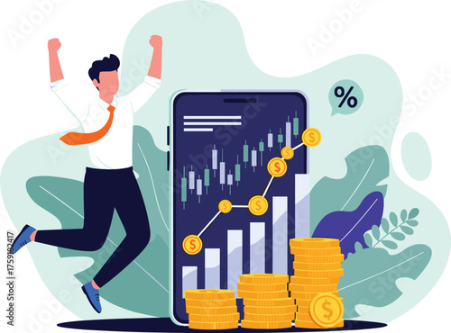Successful Investor Celebrating Financial Growth on Smartphone App in Green Environment, Analyzing Stock Market Data, Trading Online for Profit, Investment Strategy, Business Opportunity, Modern Finan
