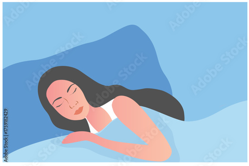 Beautiful woman sleeping happily on bed vector illustration. Sweet dream and good sleep concept	
