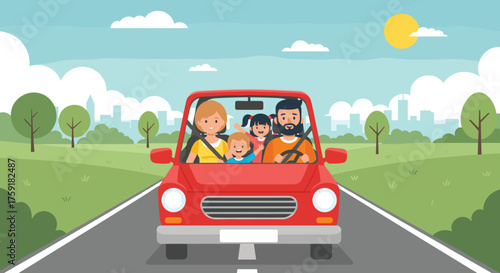 Happy Family Road Trip in Red Car Driving Through Scenic Landscape with Cityscape, Trees, and Blue Sky - Holiday Vacation Adventure Travel, Summer Lifestyle Graphic for Presentation or Website Backgro
