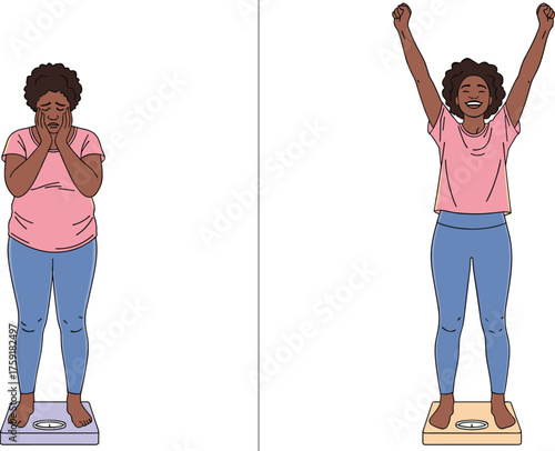 African-American Woman Achieving Weight Loss Goals, Celebrating Success on Scale, Before and After Transformation in Health and Wellness Journey, Positive Body Image, Fitness, Lifestyle Motivation, We