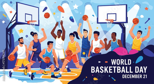 Flat vector poster showing diverse men and women playing basketball together under bright lights, celebrating World Basketball Day, energetic and modern style