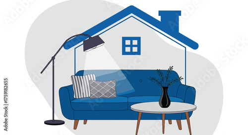 Cozy Home Interior Illustration with Blue Couch, Floor Lamp and Decorative Elements Depicting Residential Living Room, Comfortable Space for Relaxation, Modern Furniture Arrangement in Contemporary De