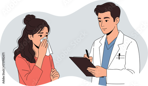 Young Woman Consulting Doctor About Cold Symptoms in Clinic - Patient Seeking Medical Advice in Healthcare Setting, Receiving Examination, Modern Consultation for Sickness Treatment, Illness Preventio